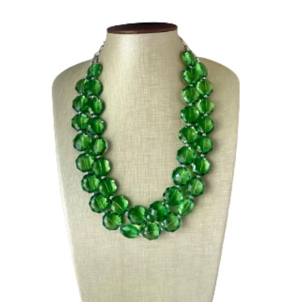 Apple Green Double Strand statement necklace, big beaded chunky jewelry light green jewelry, citron bib green beaded necklace