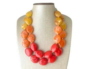 Fall ombré Colors Chunky Statement Necklace, Big beaded jewelry, statement chunky red orange yellow jewelry, beaded jewelry, big beaded