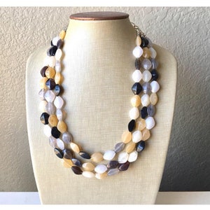 Neutral Statement Necklace, chunky beaded jewelry, chunky black tan white gray necklace, color block beaded necklace, beaded jewelry tan