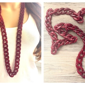 Long Acrylic necklace, deep red linking acetate necklace, chain necklace, statement necklace jewelry, maroon raspberry necklace