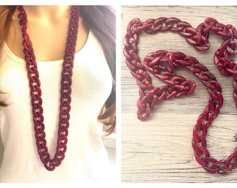 Long Acrylic necklace, deep red linking acetate necklace, chain necklace, statement necklace jewelry, maroon raspberry necklace