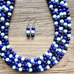 Collar azul del fondo del océano, joyería de 5 hebras, collar de declaración gruesa con cuentas ombre, collar azul claro azul marino verde azulado, boda de dama de honor