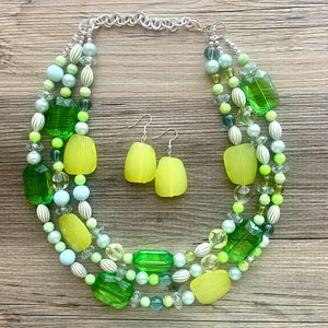 Kelly & Lime Green Chunky Statement Necklace, Big beaded jewelry, multi Strand Necklace, Bib necklace, green key lime gold confetti jewelry