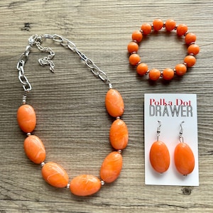 Orangenschale Halskette, Ohrring-Armband, Perlen Silber oder Gold Schmuck, klobige Einzelstrang Halskette Set, Creamsicle hell Orange