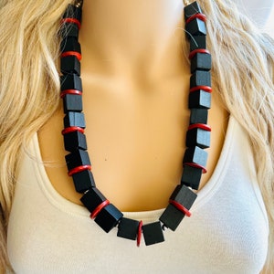 Red & black statement necklace, black necklace, silver necklace, bib chunky single strand necklace, long black jewelry wood shell layering