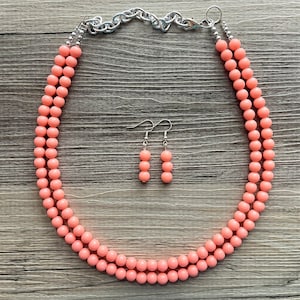 Two Strand Coral Statement Necklace, pink - orange beaded jewelry, peach necklace, coral jewelry, peach bridesmaid, coral earrings bead