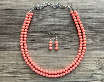 Two Strand Coral Statement Necklace, pink - orange beaded jewelry, peach necklace, coral jewelry, peach bridesmaid, coral earrings bead
