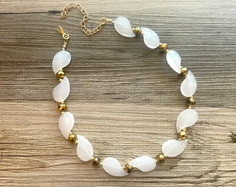 Single Strand White & Gold Big Beaded Statement Necklace, white Jewelry, white beaded necklace, white beaded necklace