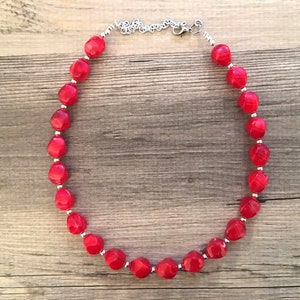 Bright Red Single Strand Big Beaded Statement Necklace, red beaded necklace, red bridesmaid necklace jewelry, red drop earrings