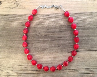 Bright Red Single Strand Big Beaded Statement Necklace, red beaded necklace, red bridesmaid necklace jewelry, red drop earrings