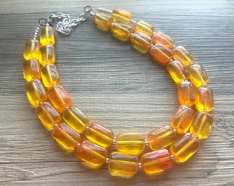 Bright Orange Chunky Statement Necklace - Translucent Orange Big beaded jewelry, Double Strand Statement rectangle geometric marigold