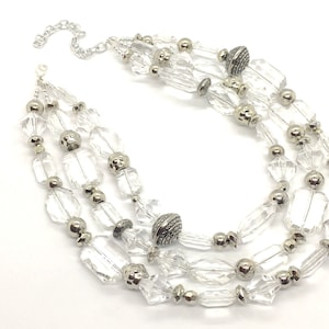 Silver and Clear statement necklace, lucite necklace, resin necklace, clear three strand chunky jewelry, silver Beaded Holiday Necklace