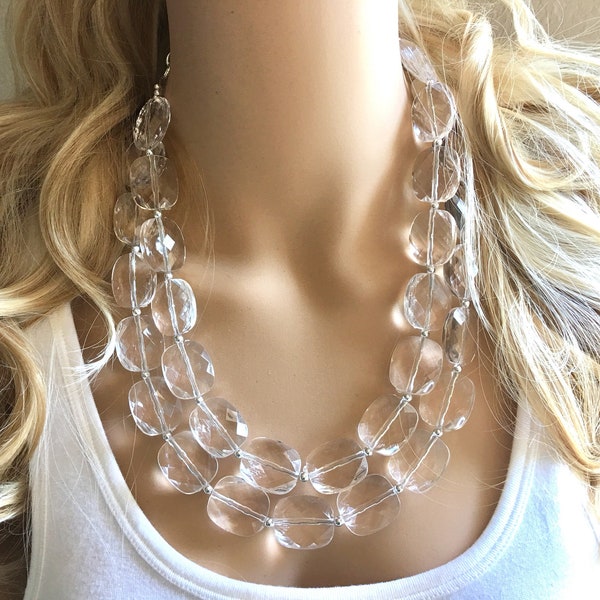 Clear Crystal Statement Necklace, Oval Beaded Everyday neutral jewelry, silver accents chunky bib necklace, clear resin lucite earrings