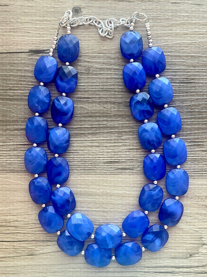 Royal Blue Statement Necklace, Chunky Jewelry Big Beaded Double Strand Necklace, Dark Blue Necklace, Blue Jewelry Set, Dark Blue Beaded image 3