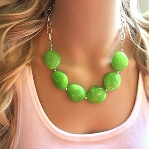 Lime Green Statement Necklace & Earring set, lime jewelry, Your Choice of GOLD or SILVER, lime bib chunky necklace, lime green jewelry