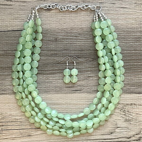 Honeydew 5 Strand statement necklace, round beaded chunky jewelry set, light green Bib silver earring mojito bridesmaid wedding grass
