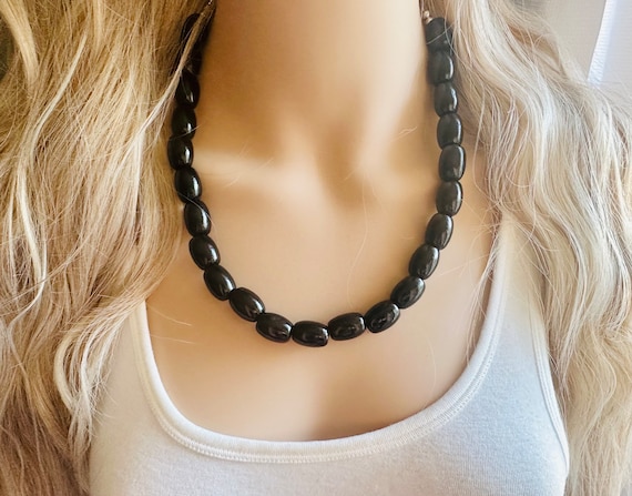 Black Wood Necklace Single Strand Jewelry Big Beaded Chunky