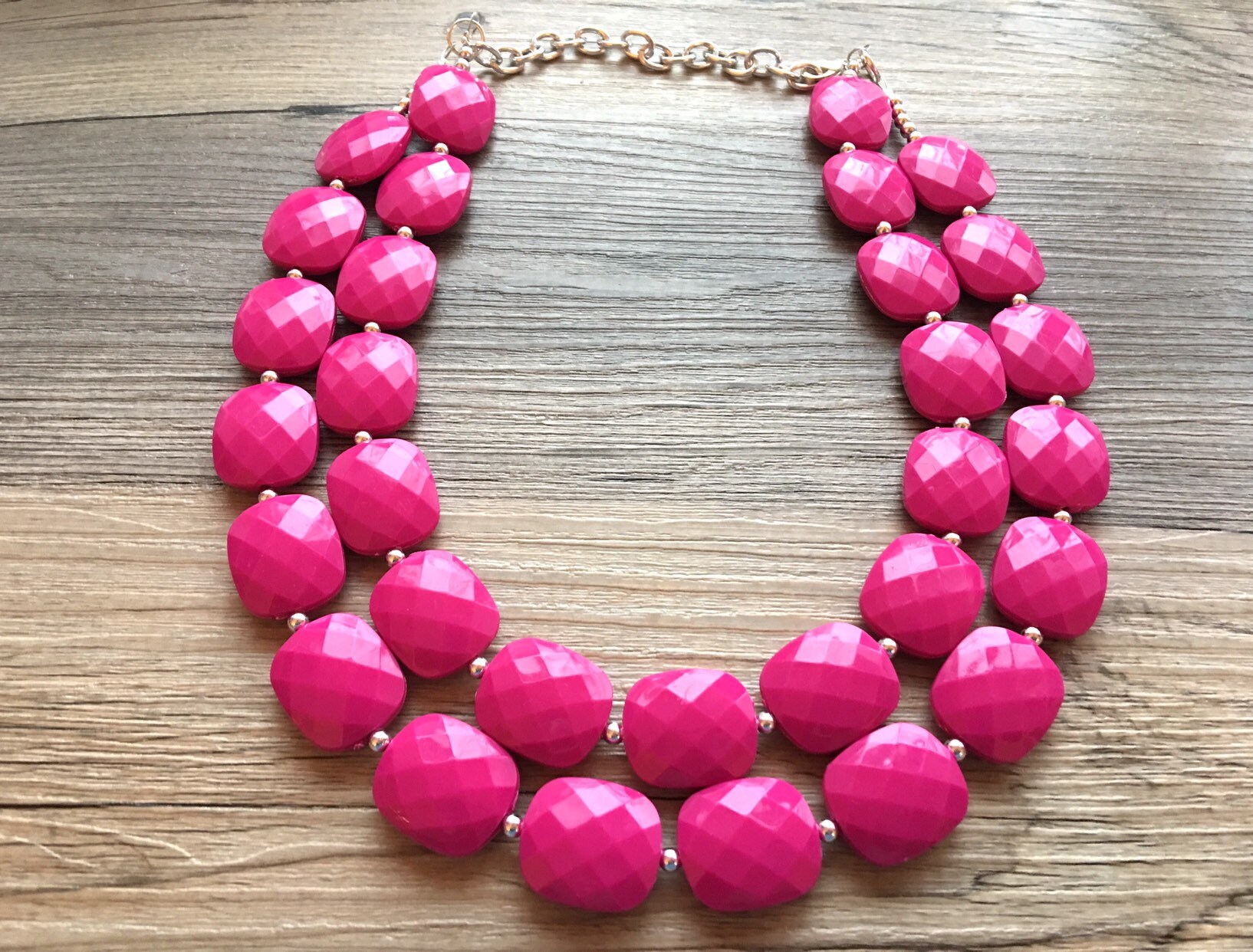 Girls Pink and Gold Chunky Bead Bubblegum Necklace w/ Clear Pendant, G –  Needles Knots n Bows