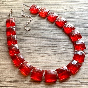 Red Sparkle Jewel Statement Necklace, Chunky 1 Strand Jewelry, silver necklace, layering bib beaded thin collar bead silver faceted clasp