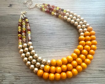 Fall Pumpkin Necklace, triple strand jewelry, big beaded chunky statement necklace, bridesmaid necklace champagne orange brown red