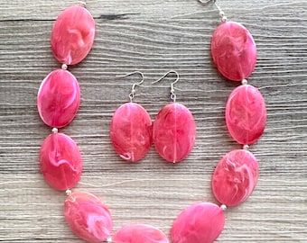 Dark Pink Single Strand Big Beaded Statement Necklace, pink Jewelry set, pink earrings, pink beaded necklace, bridesmaid necklace, magenta