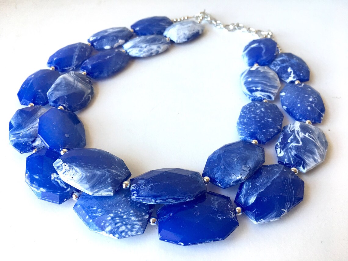 Blue & White Necklace Double Strand Jewelry Big Beaded Etsy