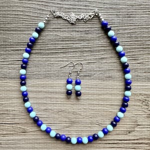 Collar azul con fondo marino, joyería de una sola hebra, collar llamativo con cuentas en degradado, collar azul marino claro y verde azulado, dama de honor para boda