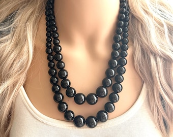 Collar de resina negra, joyería de doble hebra, collar llamativo con cuentas de bola, collar negro, pendientes colgantes de resina negra