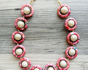 GemStone Chunky Statement Necklace, coral peach pink Cobblestone gemstone necklace, gem jewelry beaded gold stardust agate jewelry pendant