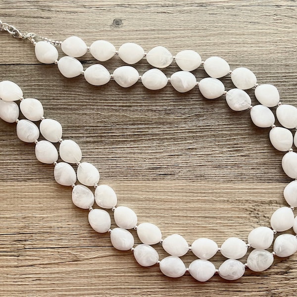 Extra Long or Plus Size White Double Strand Necklace, Chunky jewelry, Statement Necklace, white jewelry, beaded white necklace