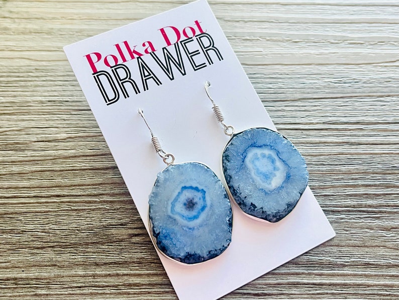 Royal Blue & Silver Agate Slice drop bead earrings, blue beaded statement earrings, dark blue jewelry, blue geometric earrings image 4