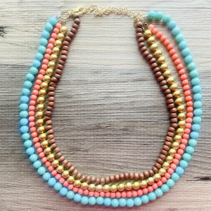 Coral Turquoise Gold 4 strand statement necklace, jewelry coral, beaded jewelry chunky bib statement set, wood brown beaded jewelry