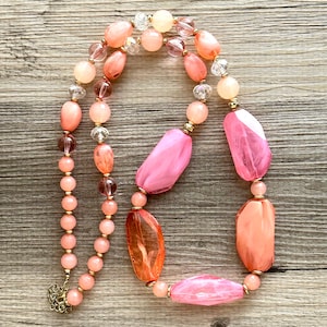 Long Pink & Orange Necklace gold statement jewelry, resin beaded statement layering necklace hot pink creamsicle