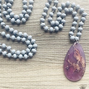 GemStone Chunky Statement Necklace, gray purple amethyst gemstone necklace, long gem jewelry beaded necklace, agate jewelry pendant long