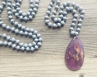 GemStone Chunky Collar de declaración, collar de piedras preciosas de amatista púrpura gris, collar de cuentas de joyas de gemas largas, colgante de joyas de ágata largo