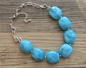Teal Blue Statement Necklace & Earring set, teal jewelry, Your Choice of GOLD or SILVER, teal bib chunky necklace, teal blue jewelry