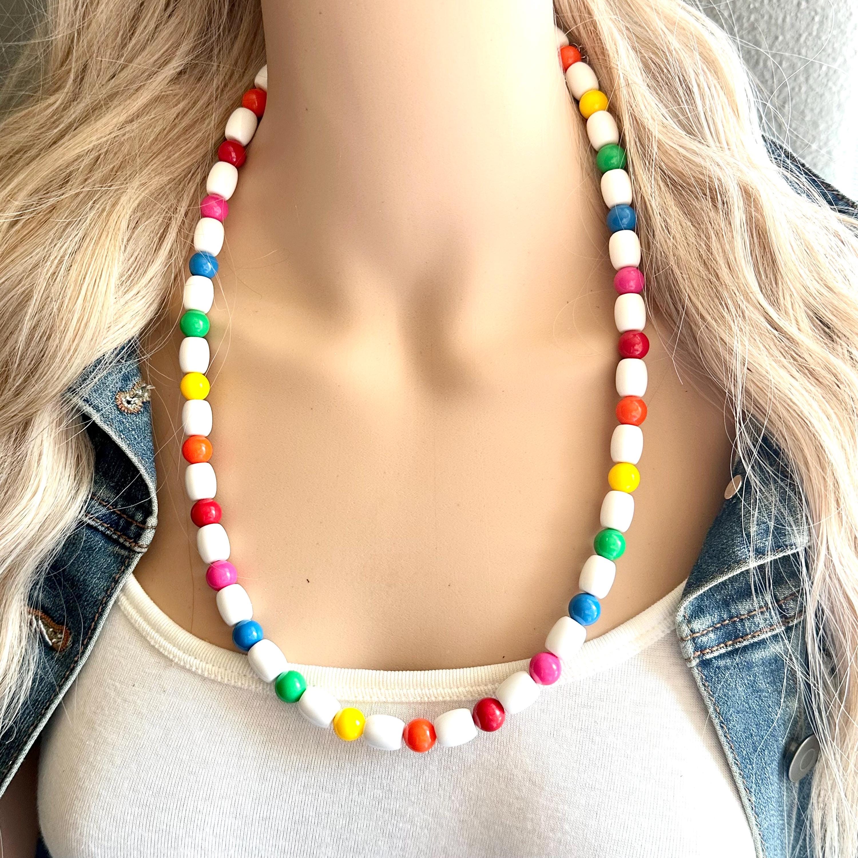 Vintage Rainbow Long Statement Necklace, Ball Beaded Jewelry