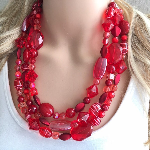 Red Necklace, multi strand jewelry, big beaded chunky statement necklace, red jewelry, bridesmaid necklace, bib necklace glass crystals