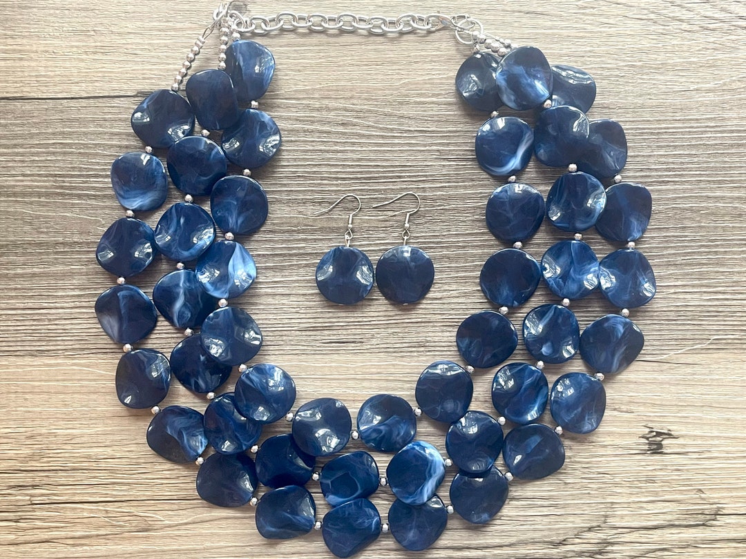 Navy Blue Statement Necklace Chunky Jewelry Big Beaded Triple Strand Necklace Dark Blue Necklace Blue Jewelry Set Dark Blue Beaded Etsy