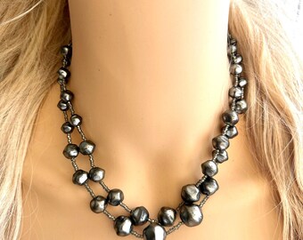 Chunky Chain Vintage Gray Beaded necklace, shiny beaded statement necklace, pearl everyday metal chunky layering necklace gunmetal