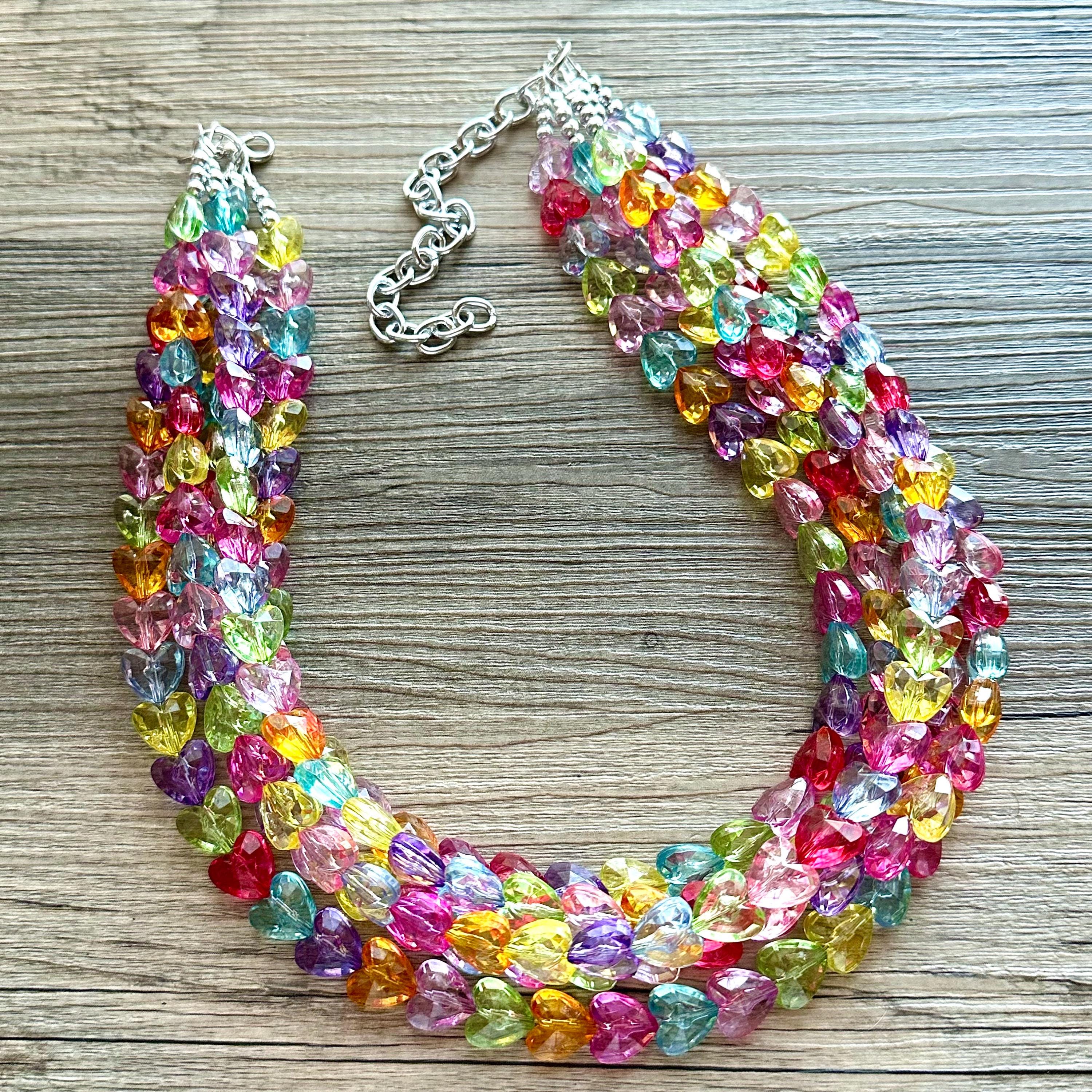 ●VVV● Rainbow Unbalanced Heart Bead Chain Necklace 25SSNK1 Rainbow Unbalanced Heart Bead Chain Necklace - VVV브이브이브이
