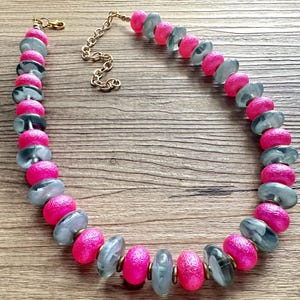 Hot Pink & Forest Green Beaded Statement Necklace, beaded jewelry, pink beaded necklace, dark green necklace chunky beaded bib layering