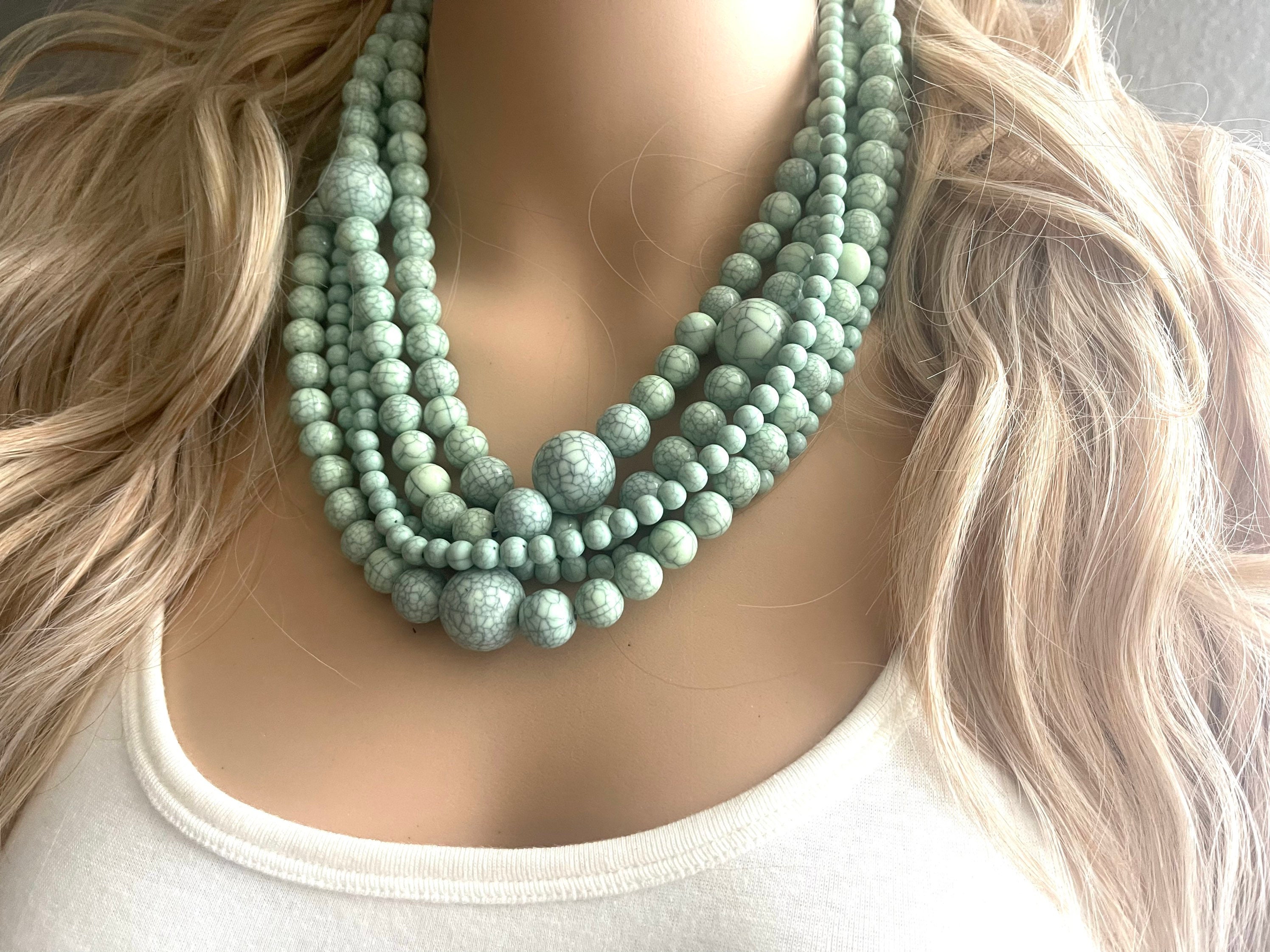 グリーンネックレス、5ストランドステートメントジュエリー、ミント