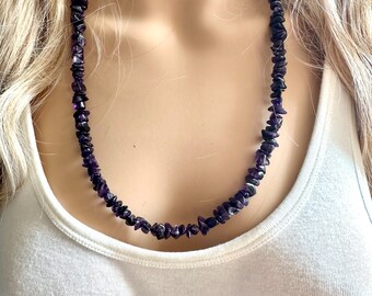 Amethyst GemStone Chunky Statement Necklace, chip gem necklace, long gem jewelry beaded agate champagne pendant purple