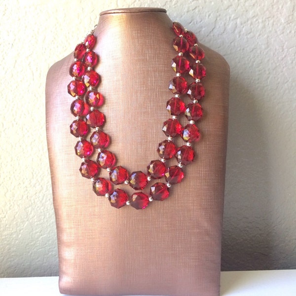Dark Red Double Strand statement necklace - pretty big beaded chunky jewelry marsala crimson garnet