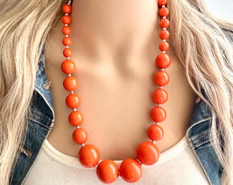 Long Bright Orange Statement Necklace, Chunky Beaded Necklace, orange Jewelry, long necklace, bead Necklace, earrings neon geometric jewelry