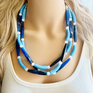 Vacation Blues Beach Necklace, multi strand bright blue jewelry, big beaded chunky necklace, white royal blue dark statement animal print