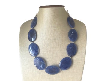 Royal Blue Chunky Statement Necklace, Big beaded jewelry, single strand Statement Necklace, chunky royal blue bib jewelry earrings