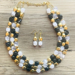 Golden Soirée, Chunky 3 Strand Statement Necklace, fall necklace, black jewelry, white gold necklace, black glitter mirror gold Earrings
