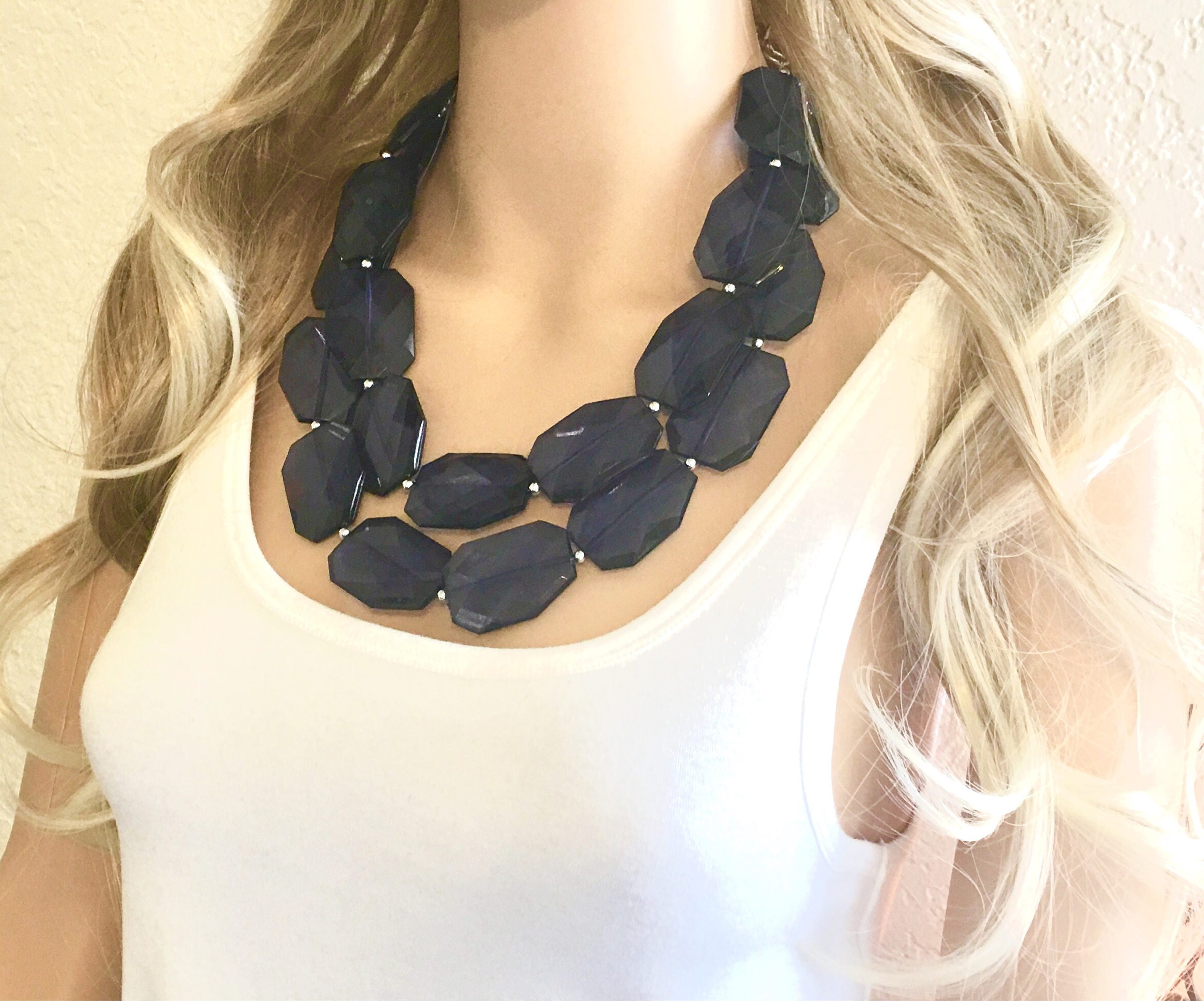Navy Blue Chunky Statement Necklace double strand necklace Etsy